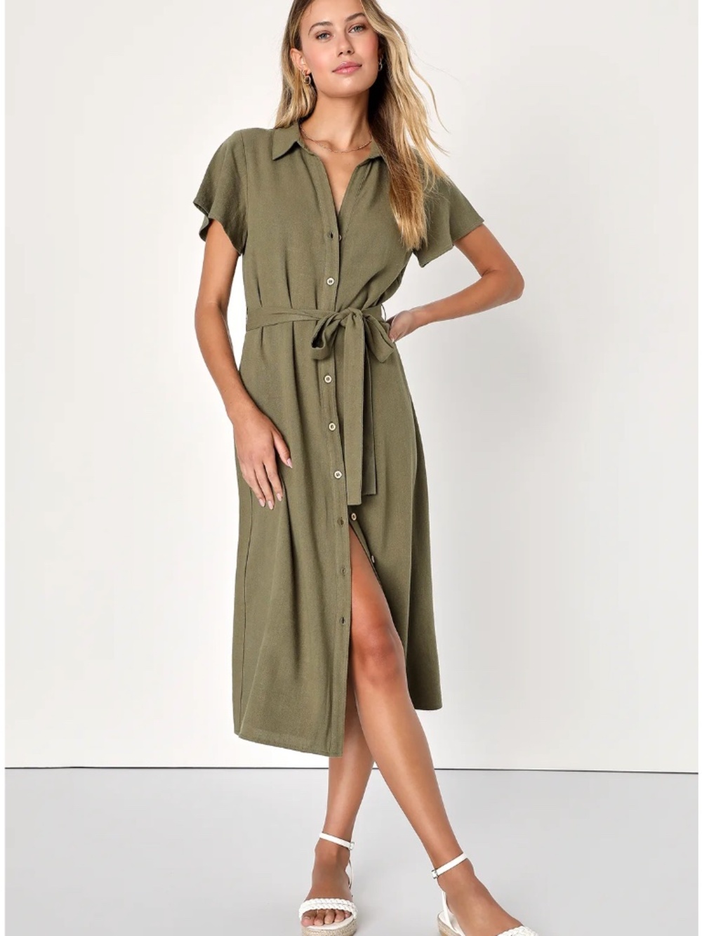 Italian Summer Olive Green Linen Button-Up Short Sleeve Dress